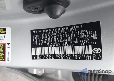 2016 Toyota Corolla S Plus from USA, damaged, VIN 5YFBURHE1GP403244